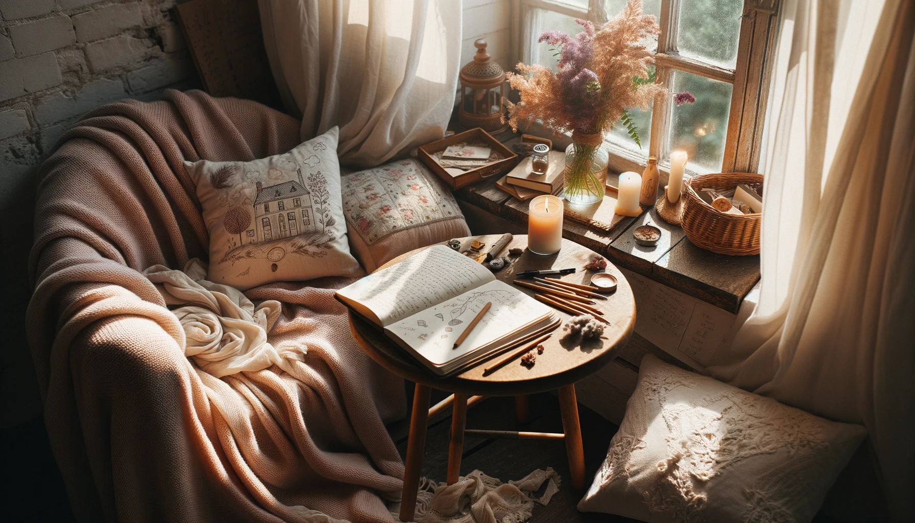 A sunlit cozy nook by a window, draped with soft blankets and cushions. On a wooden table, there's an open journal filled with sketches and creative writings.