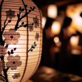 Close-up of a beautifully illuminated paper lantern, with delicate cherry blossom motifs on it. Possibly a Renga