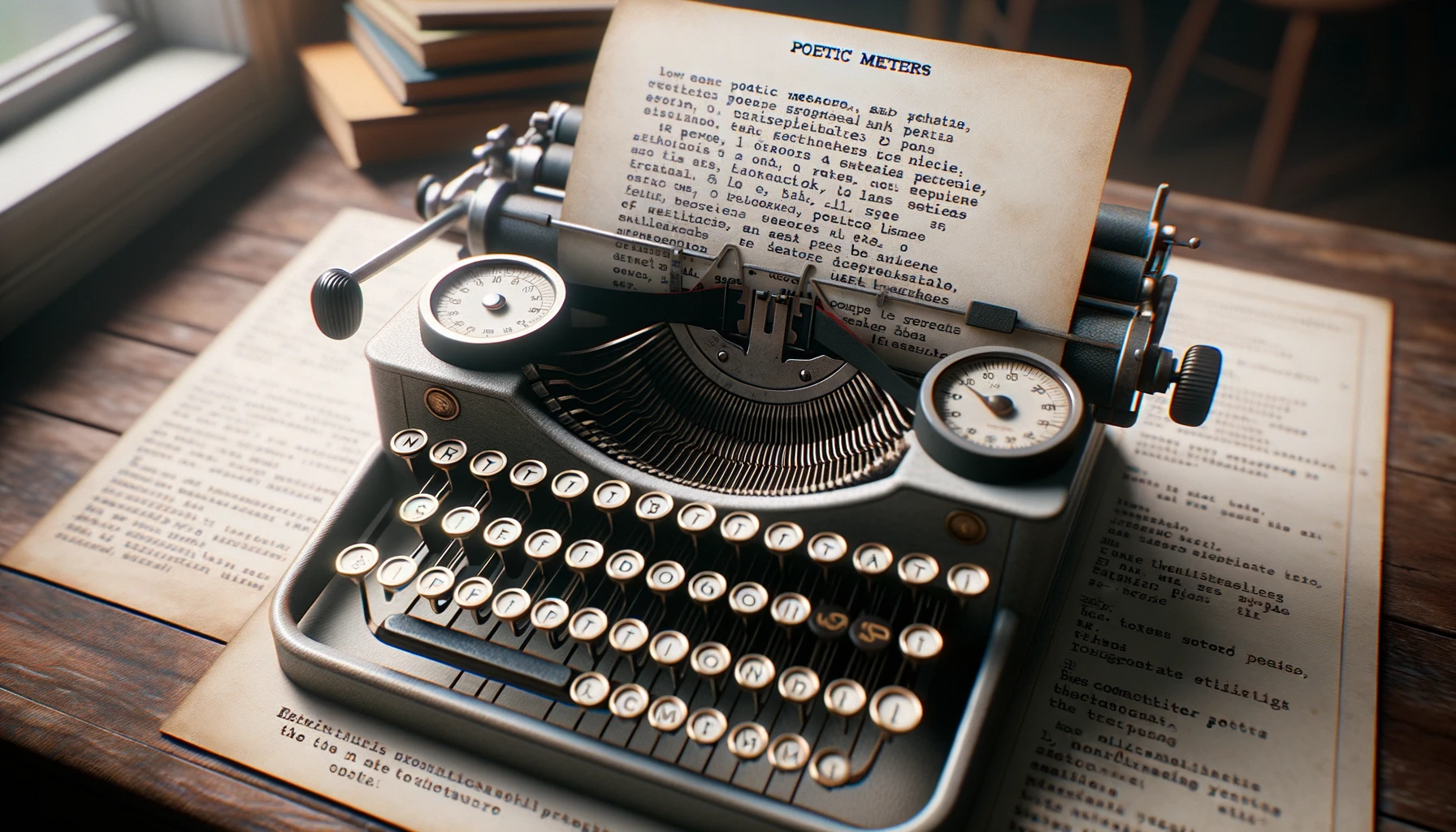 A close-up of a vintage typewriter in a cozy room. The paper in the typewriter has lines written in different poetic meters, each labeled and emphasized. Beside the typewriter, annotated notes provide insights into the study of poetic meters.