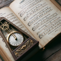 Photo A photorealistic close-up of an open poetry book on an antique wooden table. The verses with iambs are accentuated with subtle gold embossing. An old-fashioned metronome sits beside the book, its pendulum in motion, symbolizing the rhythmic nature of iambs.