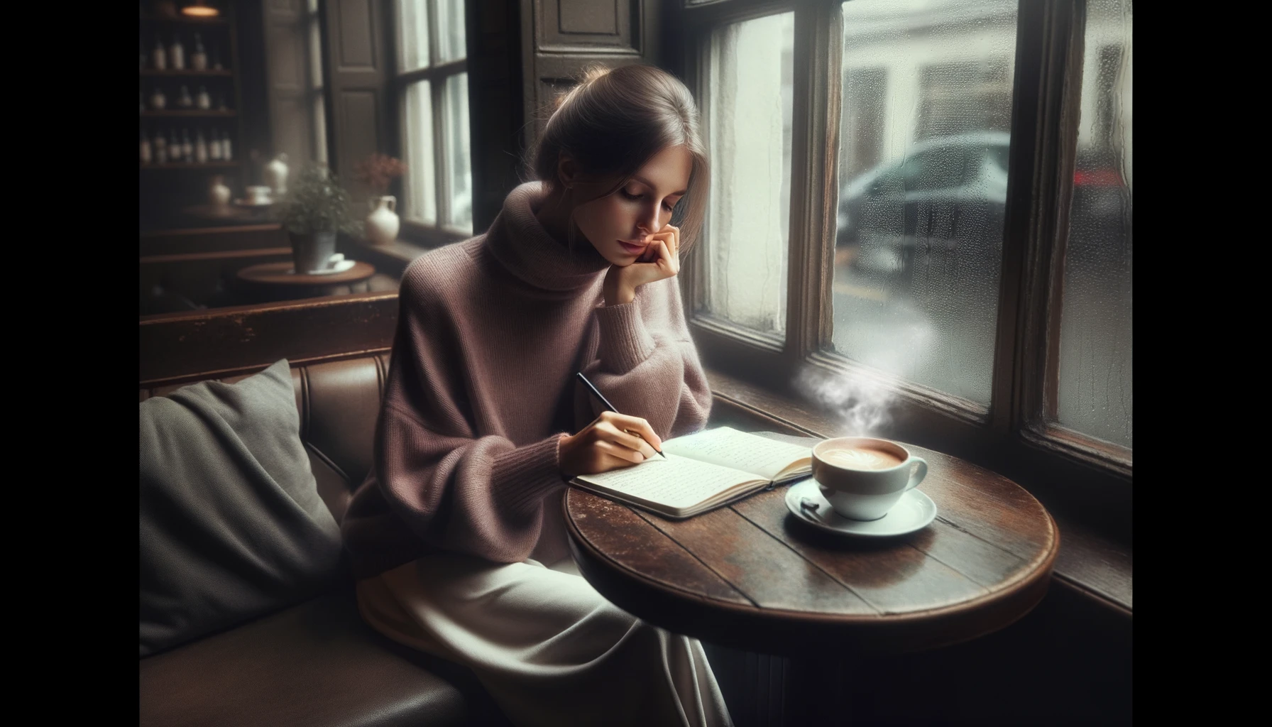A photorealistic scene of a European female poet in her 30s, seated in a cozy coffee shop by a window on a rainy day.