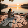 A serene outdoor setting by a lakeside during sunset. A poet, sits on a blanket, surrounded by scattered sheets of free verse poetry, each with evident alliterative phrases.